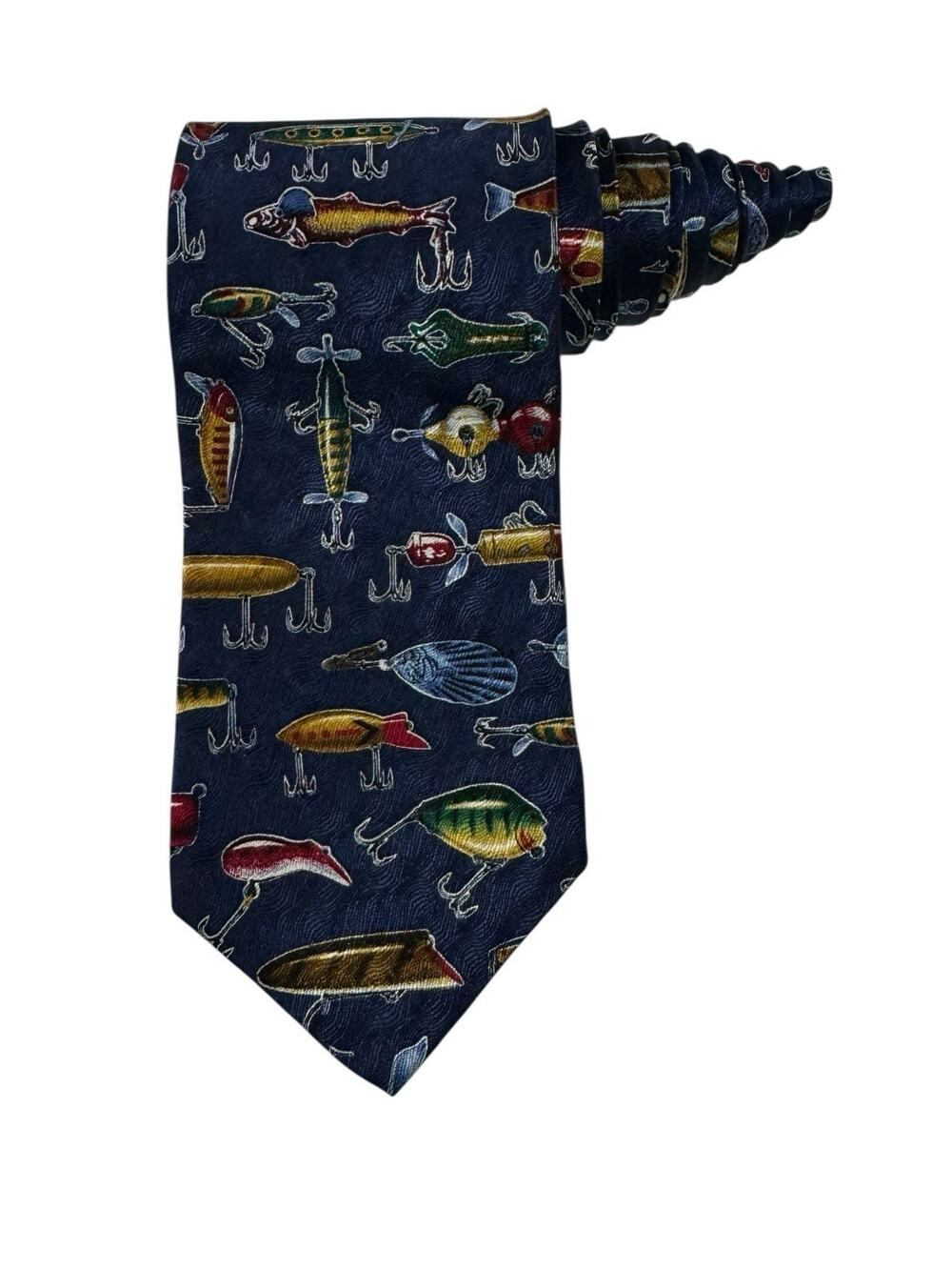 Vintage RM Sport Mens Ralph Marlin "All Lures" Pattern NeckTie Navy 100% Silk